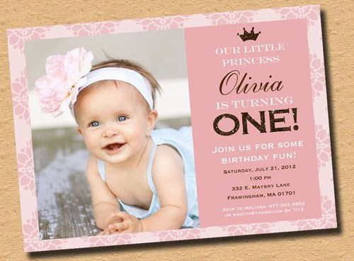 Personalized 1st Birthday Invitation Card for Baby Girl Princess Theme