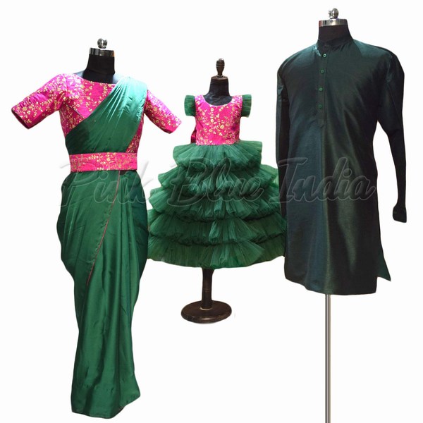 Mom Dad and Daughter Matching Outfits for Birthday By PinkBlueIndia